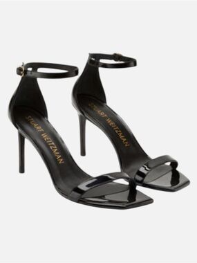 Stuart Weitzman Nunaked Curve 85 Black Patent Ankle Strap Stilettos 7.5 AA NIB